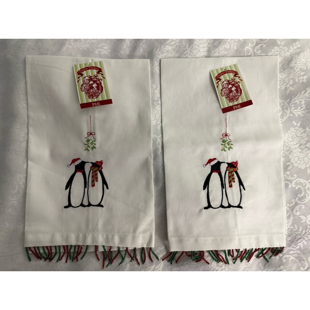 PHI Christmas Traditions 2 NWT Tea Hand Towels Penguins‎ Mistletoe Cotton